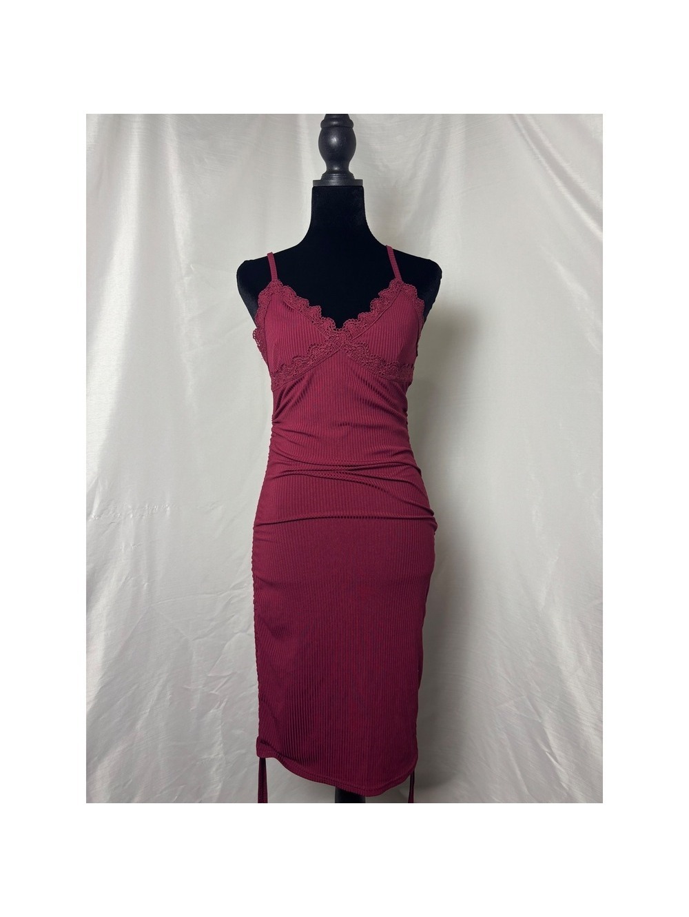 Romwe Burgundy Ribbed Lace Trim Ruched Drawstring Bodycon Dress Small